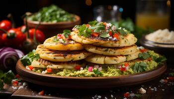 ai generado frescura en plato hecho en casa vegetariano comida con A la parrilla tomate generado por ai foto