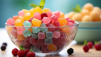 AI generated A vibrant bowl of assorted fruity candies for a sweet snack generated by AI photo