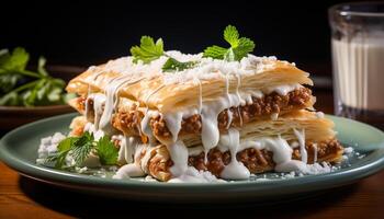 AI generated Gourmet meal fresh, healthy lasagna with homemade chocolate dessert generated by AI photo