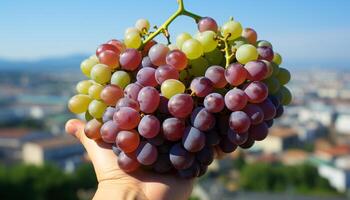 AI generated Fresh grape bunches in vineyard, nature vibrant winemaking harvest generated by AI photo