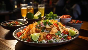 ai generado Fresco guacamole y taco en un de madera mesa, Listo a comer generado por ai foto