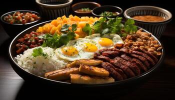 ai generado A la parrilla bife, cerdo, y carne de vaca en un de madera plato generado por ai foto