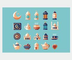 Ramadán islámico celebracion icono conjunto ilustración vector