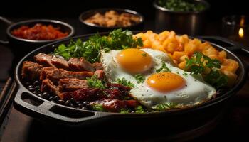 ai generado A la parrilla Cerdo filete con Fresco vegetales en rústico de madera plato generado por ai foto