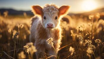 ai generado linda vaca pasto en verde prado, mirando a cámara generado por ai foto