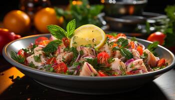 ai generado frescura en plato A la parrilla mariscos, sano ensalada, vegetariano aperitivo generado por ai foto