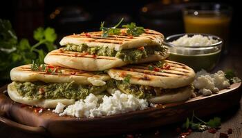 AI generated Grilled beef sandwich, fresh vegetables, homemade guacamole, rustic bread generated by AI photo