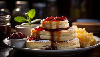 ai generado hecho en casa gastrónomo postre Fresco baya tortita con azotado crema generado por ai foto