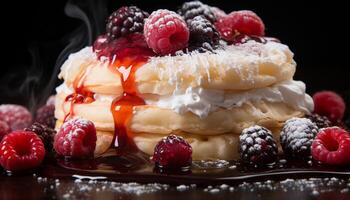 AI generated Homemade pancake stack with raspberry and whipped cream indulgence generated by AI photo