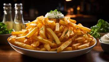 AI generated Freshly fried French fries on a wooden plate, unhealthy lunch generated by AI photo