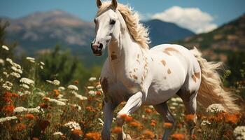 AI generated Thoroughbred horse running free in meadow, surrounded by beautiful mountains generated by AI photo