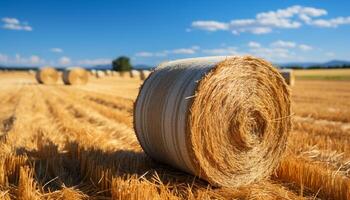 AI generated Rural scene yellow haystacks roll across the meadow generated by AI photo