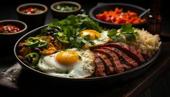 ai generado frescura y sabor en un A la parrilla carne y vegetal plato generado por ai foto