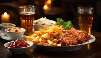 ai generado recién A la parrilla carne y papas fritas, emparejado con hielo frío cerveza generado por ai foto