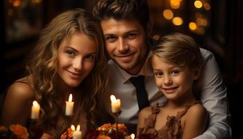 AI generated Smiling men and women, happiness in family, cheerful candle togetherness generated by AI photo