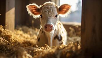 ai generado linda vaca pasto en un soleado prado, mirando a cámara generado por ai foto