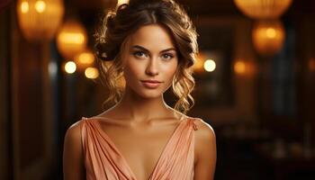 AI generated Beautiful woman looking at camera, smiling with elegance and sensuality generated by AI photo