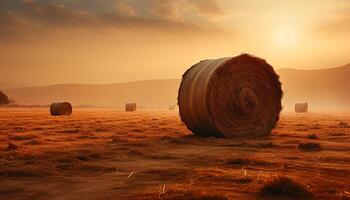 ai generado puesta de sol terminado un rural granja, pajar rodar en dorado prados generado por ai foto