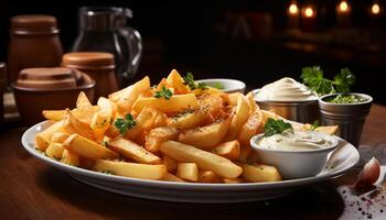 ai generado recién preparado gastrónomo comida francés papas fritas, frito carne, y vegetales generado por ai foto