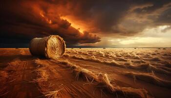 AI generated Sunset over a rural farm, golden wheat harvested under dramatic sky generated by AI photo