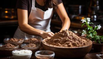 ai generado uno mujer horneando hecho en casa chocolate postre, sonriente adentro generado por ai foto