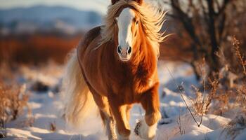 AI generated A beautiful mare runs through the snowy meadow at sunset generated by AI photo