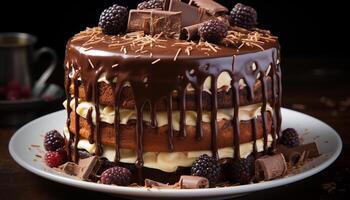 ai generado un decadente hecho en casa chocolate pastel con frambuesa y crema generado por ai foto