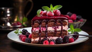 AI generated Homemade gourmet dessert fresh berry cheesecake on wood table generated by AI photo