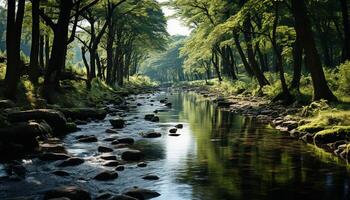 AI generated Tranquil scene green forest, flowing water, animals in the wild generated by AI photo
