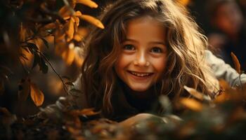 AI generated Smiling girl enjoys autumn, nature beauty, carefree and playful generated by AI photo