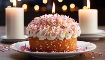 AI generated Homemade gourmet cupcake with chocolate icing, birthday candles, and decoration generated by AI photo