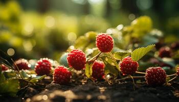 AI generated Freshness of nature ripe raspberry, healthy eating, organic gourmet dessert generated by AI photo