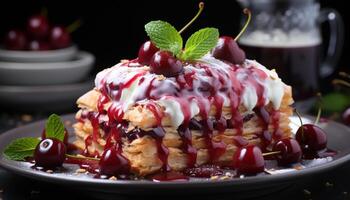 AI generated Freshness and sweetness on a plate, homemade berry dessert generated by AI photo