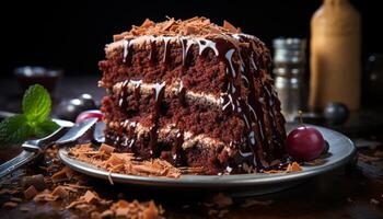 AI generated Freshly baked chocolate cake on rustic wooden table, ready to eat indulgence generated by AI photo