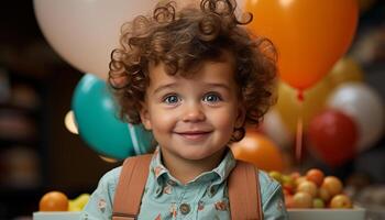 ai generado sonriente niño participación globo, disfrutando cumpleaños fiesta con amigos generado por ai foto