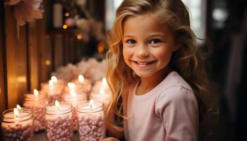 AI generated Smiling girl holds candle, enjoying warmth in cozy living room generated by AI photo
