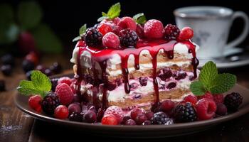 AI generated Homemade berry cheesecake slice with fresh raspberry and mint leaf generated by AI photo