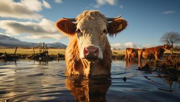 ai generado linda vaca pasto en verde prado, disfrutando naturaleza belleza generado por ai foto