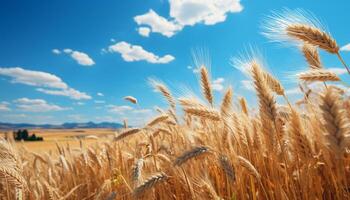 AI generated Rural farm landscape wheat, meadow, yellow, blue, growth, plant, season generated by AI photo