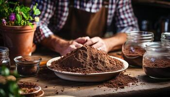 ai generado joven adulto barista preparando hecho en casa gastrónomo caliente chocolate adentro generado por ai foto