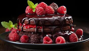 AI generated Homemade gourmet dessert chocolate raspberry cheesecake with fresh berries generated by AI photo