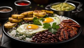 ai generado A la parrilla cerdo, cocido carne, sano almuerzo, Fresco verduras, rústico mesa generado por ai foto