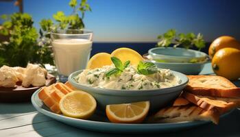 ai generado frescura y sano comiendo en un gastrónomo plato de verano generado por ai foto