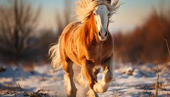 AI generated Running stallion in meadow, nature beauty in motion generated by AI photo