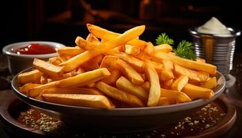 AI generated Close up of fresh, crunchy, deep fried French fries on rustic table generated by AI photo