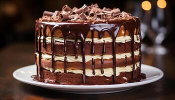 ai generado indulgente hecho en casa chocolate pastel, en capas con azotado crema y Formación de hielo generado por ai foto