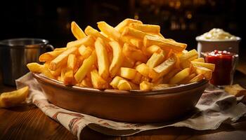 ai generado un rústico mesa con un apilar de profundo frito francés papas fritas generado por ai foto