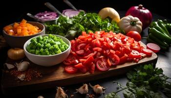 ai generado fresco, sano vegetariano ensalada con orgánico ingredientes en de madera mesa generado por ai foto