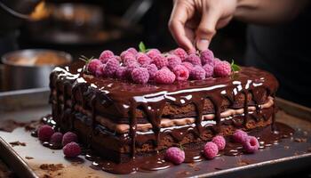 ai generado hecho en casa chocolate pastel rebanada con Fresco frambuesa, indulgente postre generado por ai foto