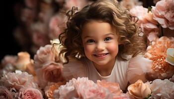 ai generado sonriente linda niña participación ramo, disfrutando naturaleza belleza al aire libre generado por ai foto